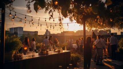 1920s party on rooftop garden guests dancing under open sky