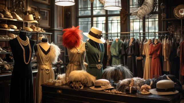 Flapper fashion and accessories in 1920s themed boutique