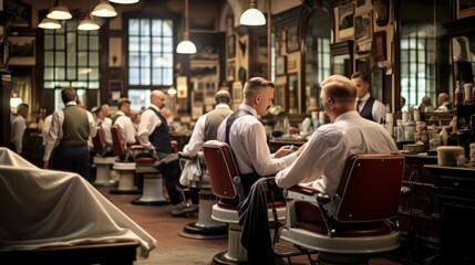 Classic 1920s barber shop vintage haircuts and shaves - obrazy, fototapety, plakaty