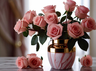 Beautiful pink roses flower arrangement in the elegant luxury home - 763232655