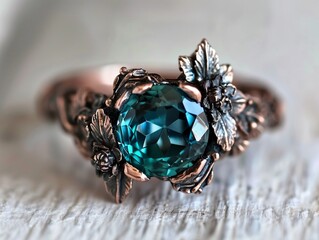 A copper and teal blue ring with leaves vines flowers. Green emerald fashion engagement diamond ring. Luxury female jewellery, close-up. Selective focus