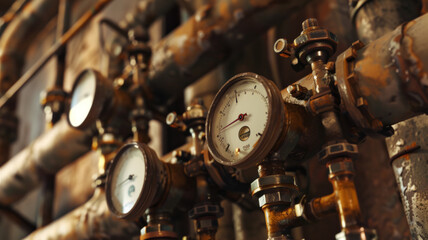 Vintage gauges on rusted pipes, echoing industrial antiquity. - obrazy, fototapety, plakaty