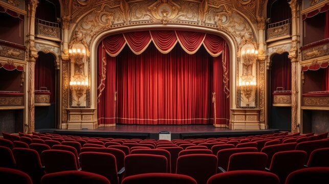 1920s theater plush seats and grand stage with opera performance