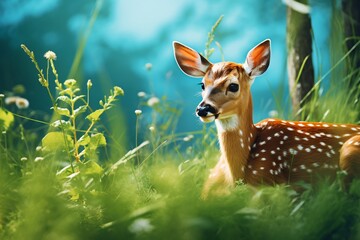 a deer lying in the grass - Powered by Adobe