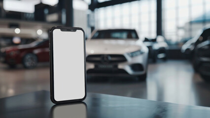 Smartphone with blank screen in focus at a car dealership.