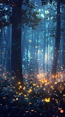 Enchanted forest with glowing butterflies