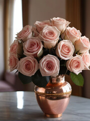 Beautiful pink roses flower arrangement in the elegant luxury home - 763232877