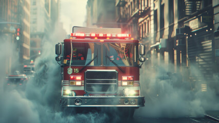 A fire truck in action amid city streets enveloped in smoke.