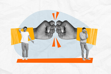 Composite photo collage of two upset man quarrel hand fist kick misunderstanding failure deal...