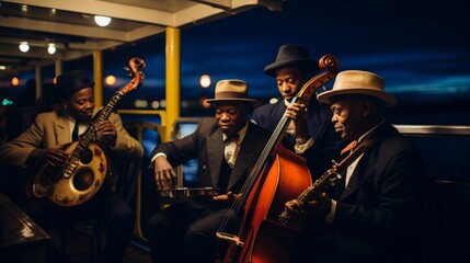 Jazz quartet on moonlit riverboat 1920s passengers dancing