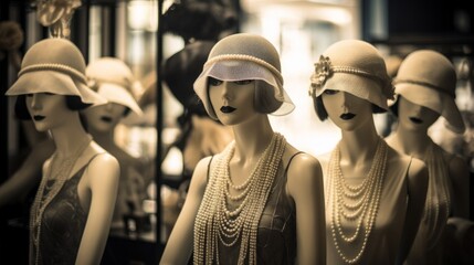 Glamorous 1920s boutique mannequins in flapper attire beaded gowns - obrazy, fototapety, plakaty