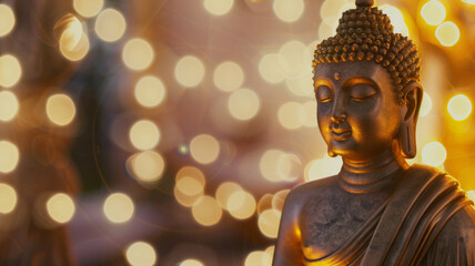 Serene Buddha statue with a backdrop of golden lights.