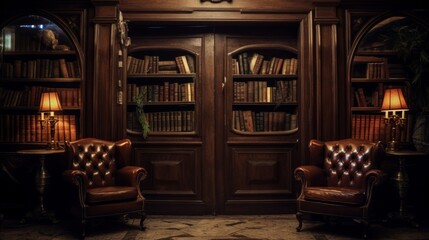 Bookshelf conceals 1920s speakeasy entrance password for entry - obrazy, fototapety, plakaty