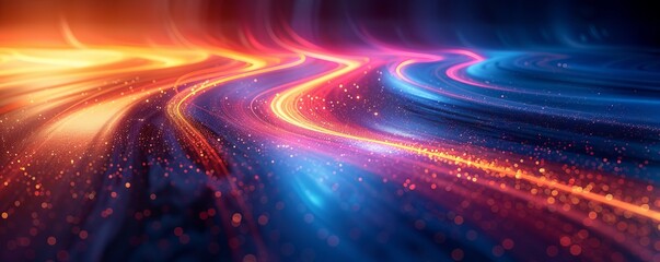 Fototapeta na wymiar Abstract futuristic background with glowing lines and wavy shapes, creating an atmosphere of speed and motion. The colors include blue, orange, red, and black, providing a dynamic visual effect