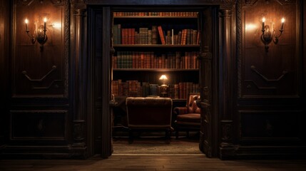 Hidden speakeasy 1920s entrance behind bookshelf password entry - obrazy, fototapety, plakaty