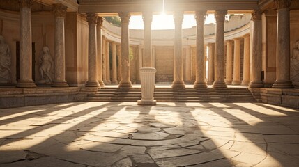 Sunlit Greek temple interior colonnade illumination altar highlighted