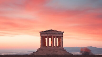 Tranquil dawn at Greek temple silhouette against colorful sky