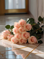 Beautiful bouquet of pink roses left on the floor, relationship difficulties, rejections, divorce, break up concept.	 - 763233221