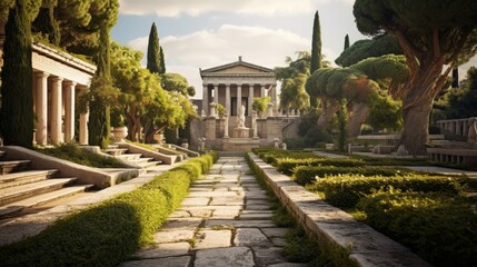 Grand Greek temple complex marble walkways lush gardens interconnect - obrazy, fototapety, plakaty