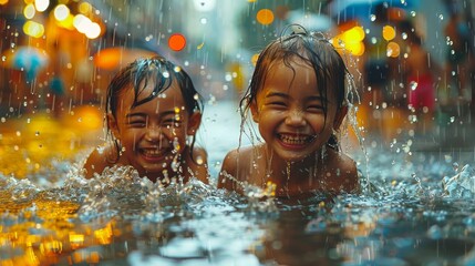 kids happily playing  at summer under the pouring rain - obrazy, fototapety, plakaty