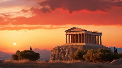 Orange and pink sky behind Greek temple at sunrise peaceful air - obrazy, fototapety, plakaty