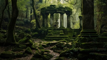 Moss-covered columns in hidden Greek temple dense forest mystery - obrazy, fototapety, plakaty