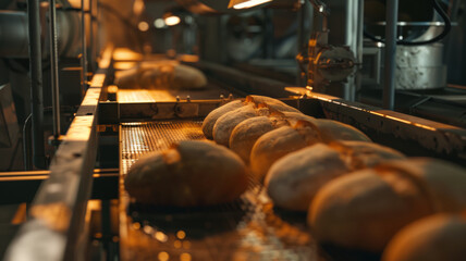 Freshly baked loaves on the conveyor of an industrial bakery. - obrazy, fototapety, plakaty