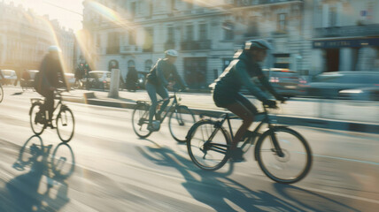 Urban dynamism: cyclists in motion blur navigating the bustling streets of a sunlit city.