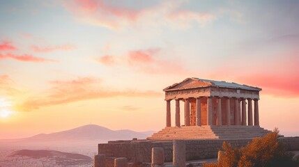 Obraz premium Sunrise silhouettes Greek temple orange-pink sky tranquil atmosphere