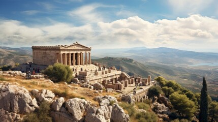 Fototapeta na wymiar Mountain Greek temple approached by stone steps stunning views