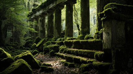 Hidden forest Greek temple mossy columns aura of reverence