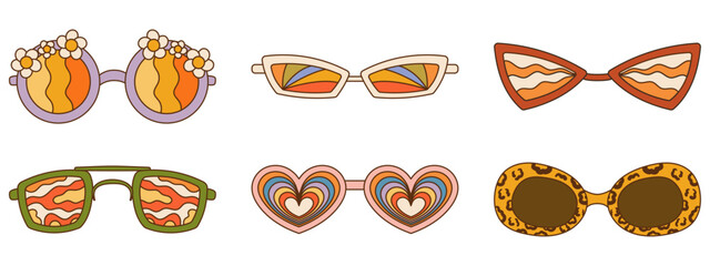 Retro Groovy sunglasses collection with different patterns. 1970's Vibe set