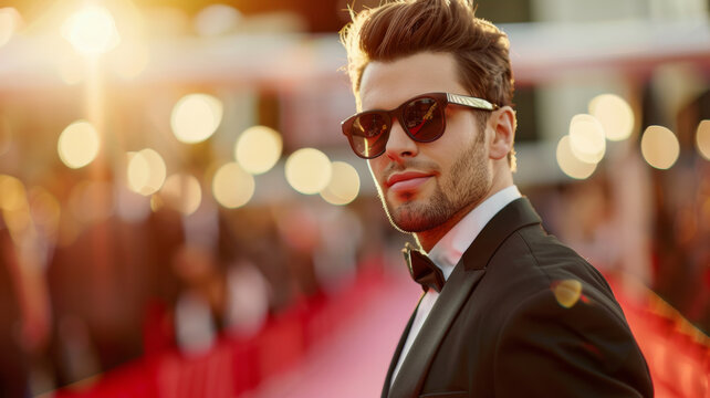 Glamour on the red carpet: a stylish man exuding confidence at a star-studded evening event.