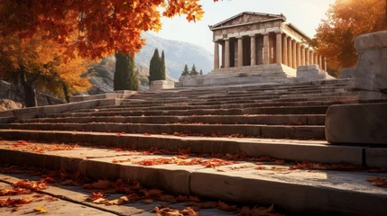 Fotobehang Greek temple steps blanketed in autumn leaves seasonal transformation © javier