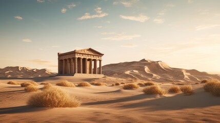 Desert landscape encircles Greek temple sand dunes meet columns - obrazy, fototapety, plakaty