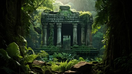Naklejka premium Dense jungle surrounds Greek temple ruins vibrant tropical foliage