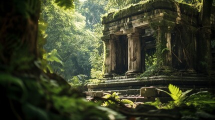 Hidden Greek temple within dense jungle ruins amid vibrant foliage - obrazy, fototapety, plakaty