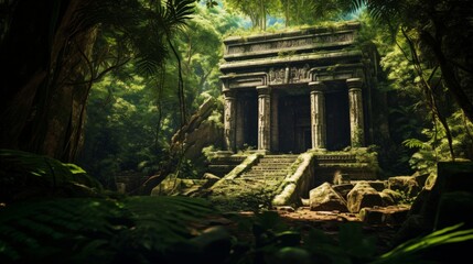 Fototapeta premium Greek temple in jungle tropical foliage encases ancient ruins