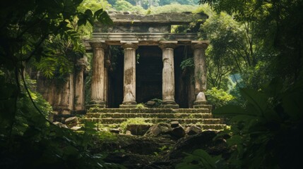 Fototapeta premium Ancient Greek temple enveloped by jungle tropical plants abound