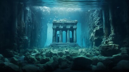 Greek temple in underwater cave bioluminescence illuminates ruins