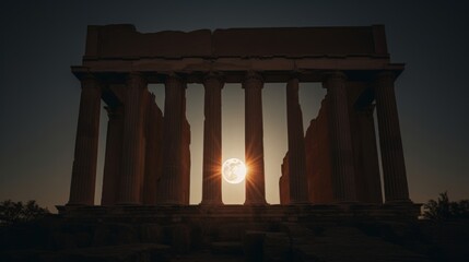 Eerie eclipse light over Greek temple sun partially hidden by moon