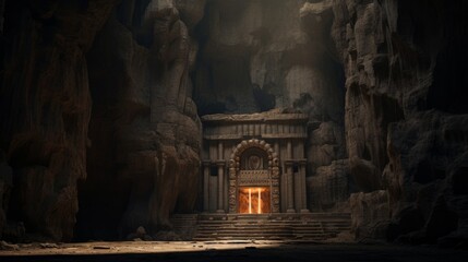 Sunbeam illuminates altar in Greek temple hidden in mountain cave - obrazy, fototapety, plakaty