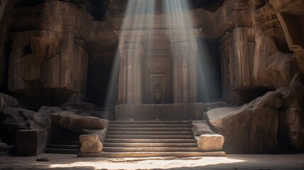 Sunlight beam through darkness onto altar in cave-enshrouded Greek temple