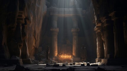 Greek temple in cave altar lit by penetrating sunlight beam - obrazy, fototapety, plakaty