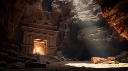 Narrow sunlight beam highlights altar in cave-hidden Greek temple
