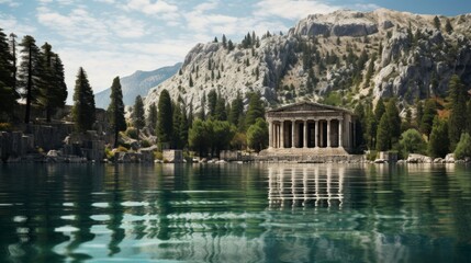 Alpine lake mirrors Greek temple pristine reflection in clear waters - obrazy, fototapety, plakaty