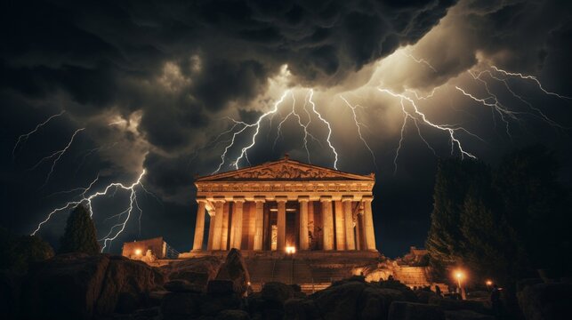 Thunderstorm over Greek temple lightning reveals architectural beauty