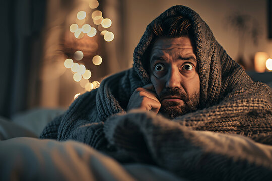 Man wrapped in blanket looks scared watching TV at night