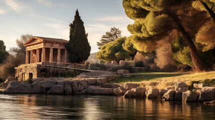 Wooden bridge over river to Greek temple picturesque entrance - obrazy, fototapety, plakaty