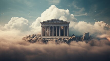 Cloud-swirled Greek temple on floating island surreal and otherworldly